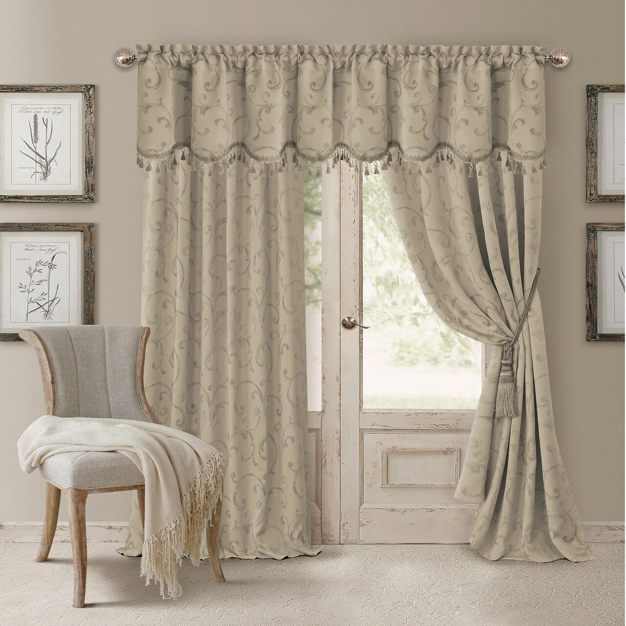 Threadmade Home Mia Jacquard Scroll Blackout Window Curtain, Natural - 52"W x 84"L